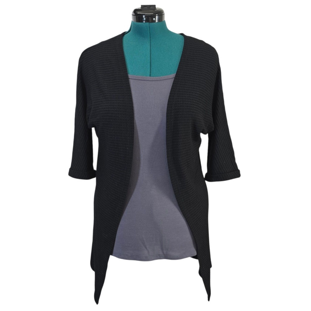 Womens Black Waffle Knit Open Front Cardigan Elbow Sleeve Relaxed Fit Size‎ S